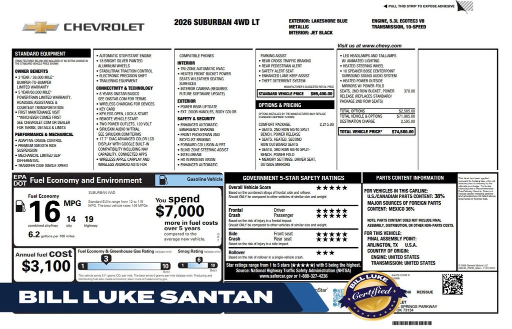 Lakeshore Blue Metallic 2026 Chevrolet Suburban SUV / Crossover Four-Wheel Drive