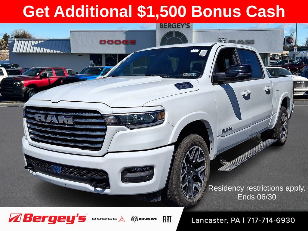 Bright White Clearcoat 2026 RAM 1500 Laramie Crew Cab 4WD Pickup Truck Four-Wheel Drive 8-Speed Automatic