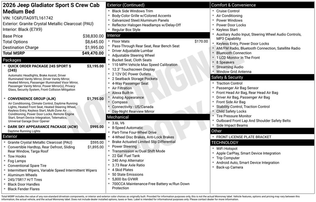 new 2026 Jeep Gladiator car, priced at $47,491