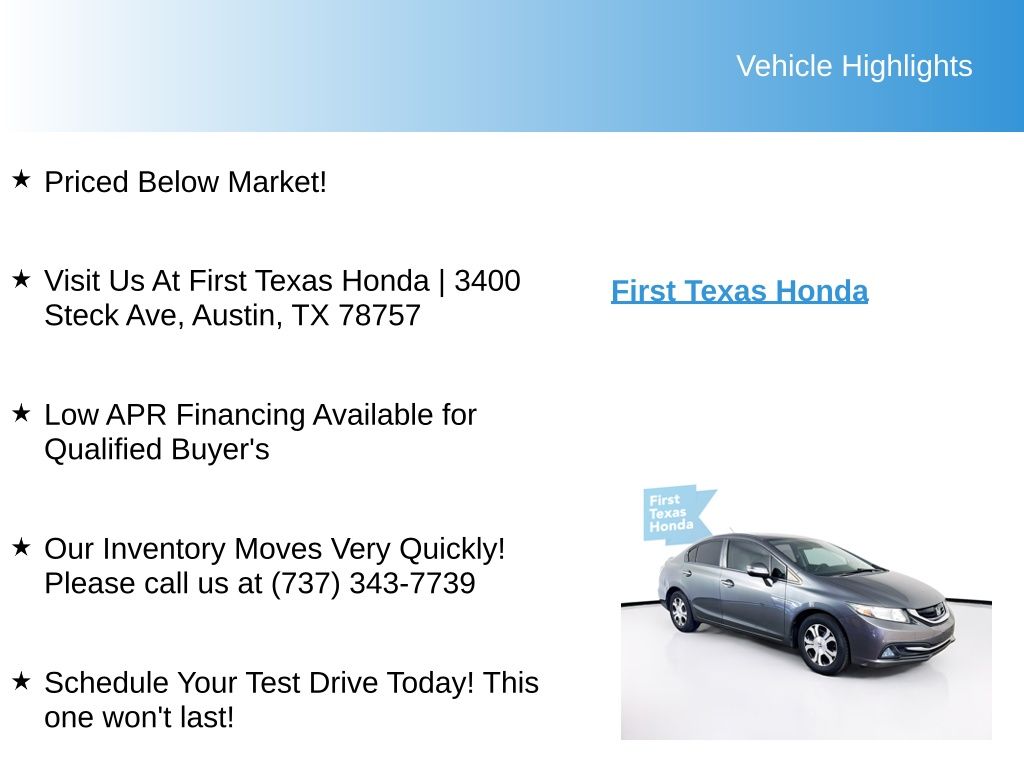 Used Car 2013 Honda Civic  Hybrid For Sale Under $10,000 In Austin, Texas