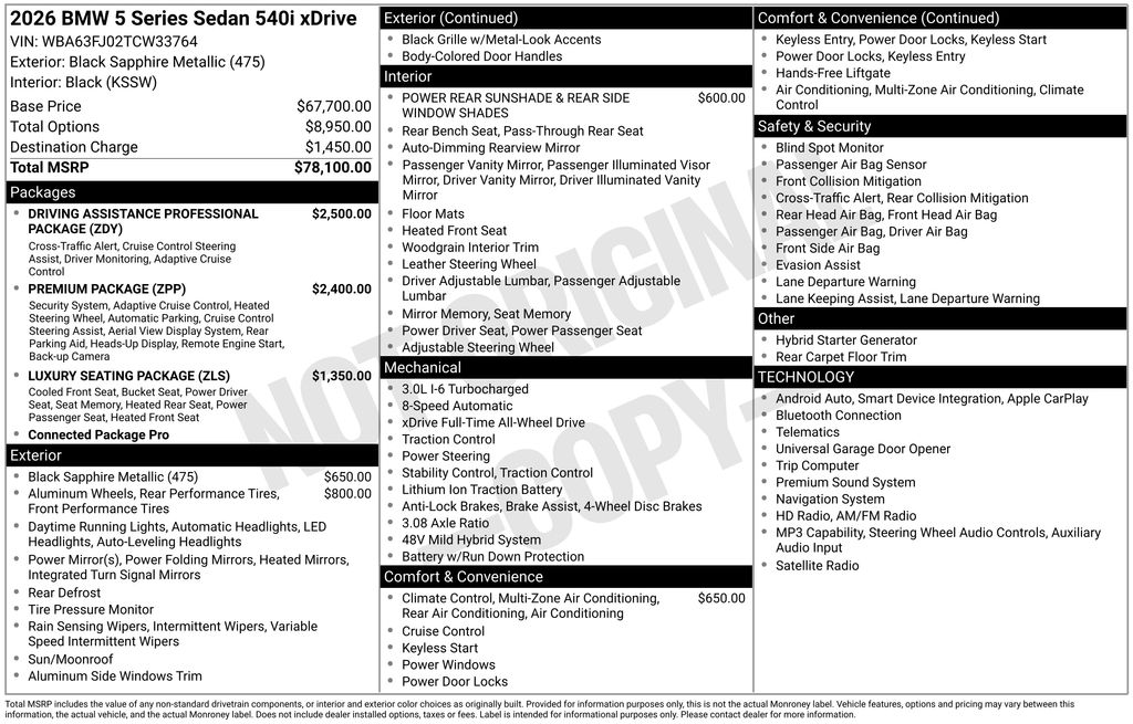 Black Sapphire Metallic 2026 BMW 5 Series Sedan All-Wheel Drive 8-Speed Automatic