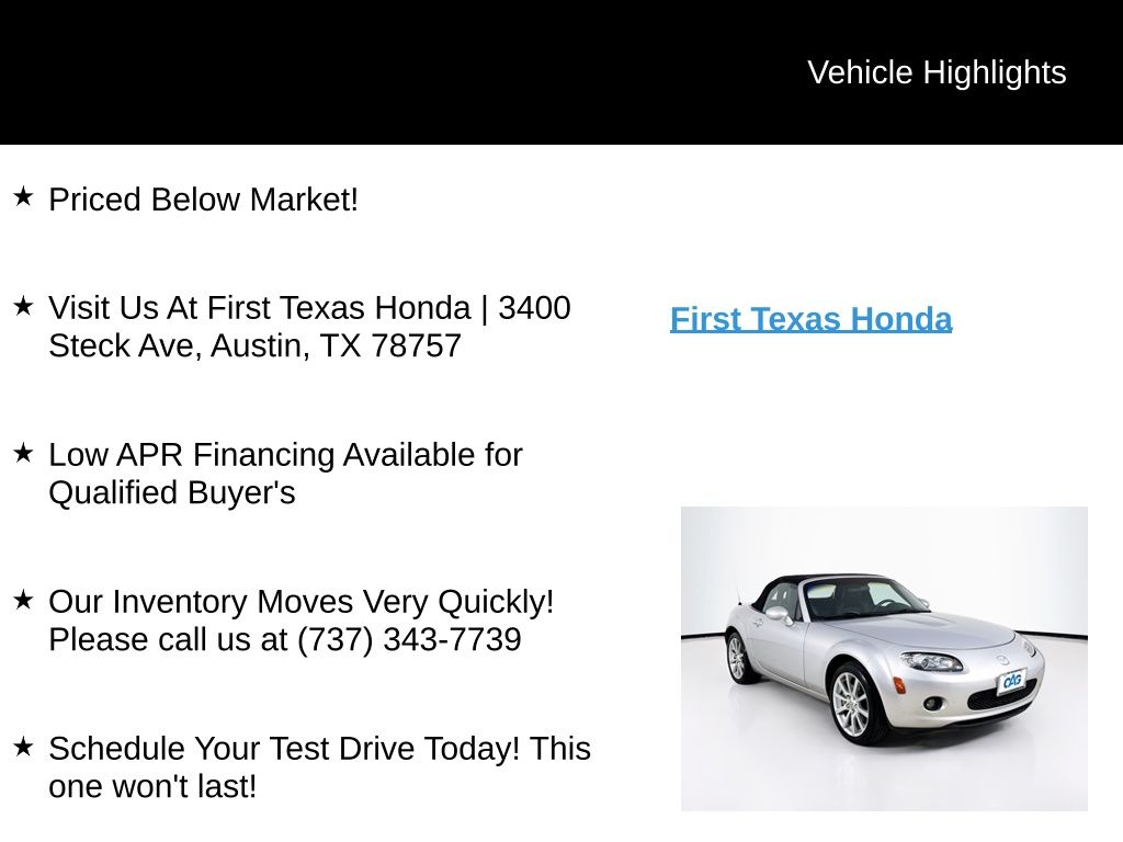 Used Car 2007 Mazda Miata  Grand Touring For Sale Under $12,000 In Austin, Texas