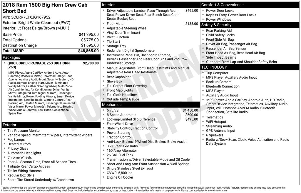2018 Bright White Clearcoat Ram 1500 Big Horn 4X4 Truck