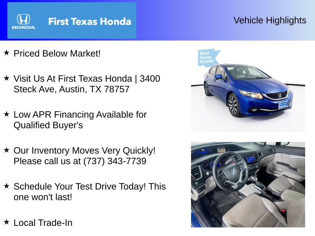 Used Car 2015 Honda Civic  Ex-l For Sale Under $12,000 In Austin, Texas