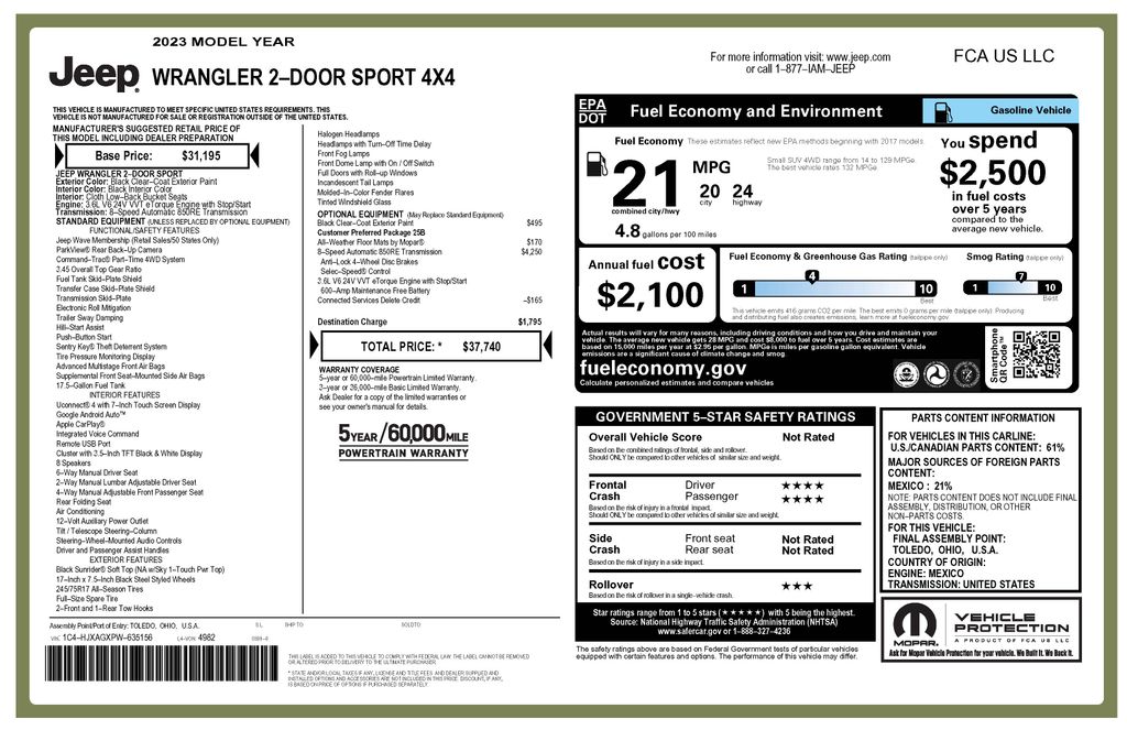 Black Clearcoat 2023 Jeep Wrangler Sport 2-Door 4WD SUV / Crossover Four-Wheel Drive 8-Speed Automatic