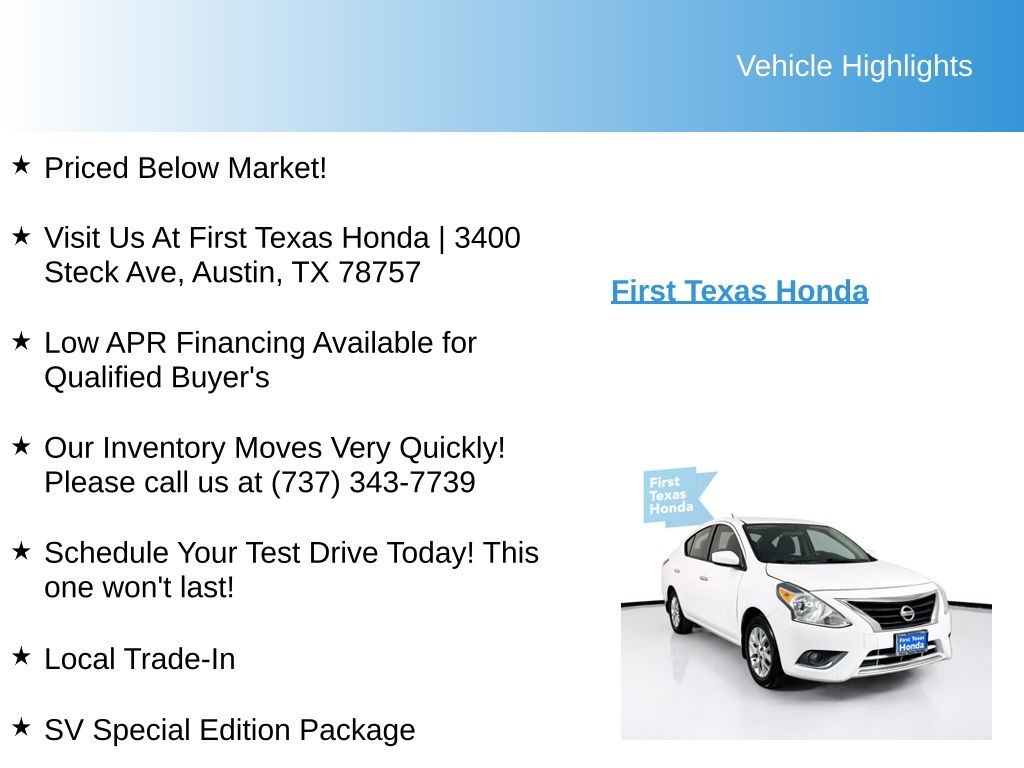 Used Car 2018 Nissan Versa  1.6 Sv For Sale Under $10,000 In Austin, Texas