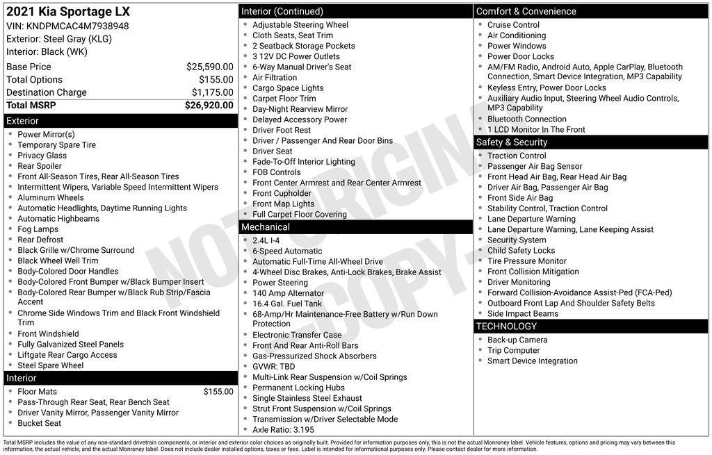 used 2021 Kia Sportage car, priced at $15,500