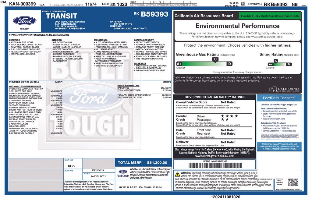 New 2024 Ford Transit Cargo Van 148 WB Long 250 Low Roof