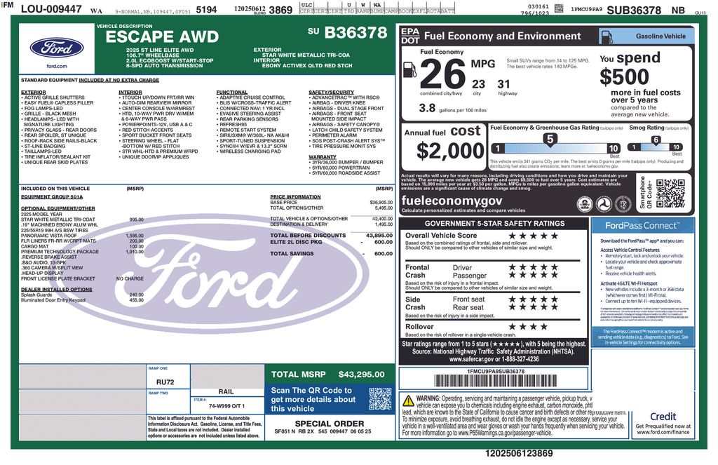 Star White Metallic Tri-Coat 2025 Ford Escape ST-Line Elite AWD SUV / Crossover All-Wheel Drive 8-Speed Automatic
