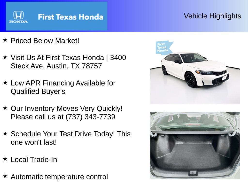 Used Car 2025 Honda Civic  Sedan 4 Dr. Sport Front Wheel Drive For Sale In Austin, Texas