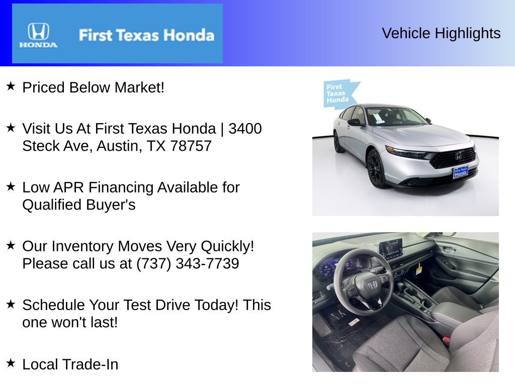 New Car 2025 Honda Accord  Se For Sale Under $35,000 In Austin, Texas