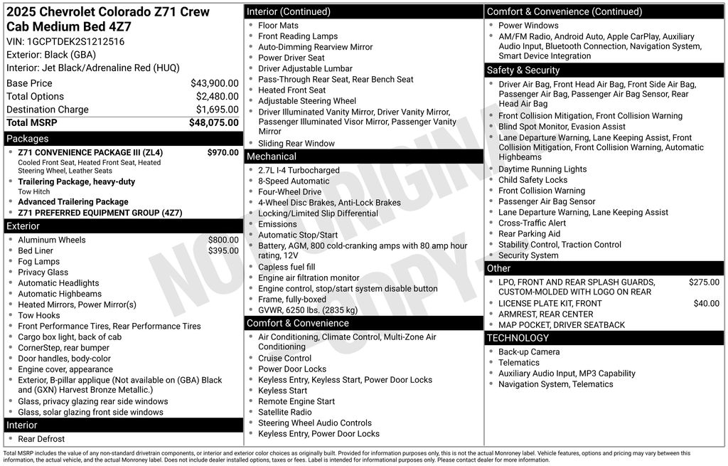 2025 Black Chevrolet Colorado Z71 4X4 Truck