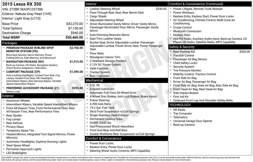 Used Car 2015 Lexus Rx  350 For Sale Under $25,000 In Austin, Texas