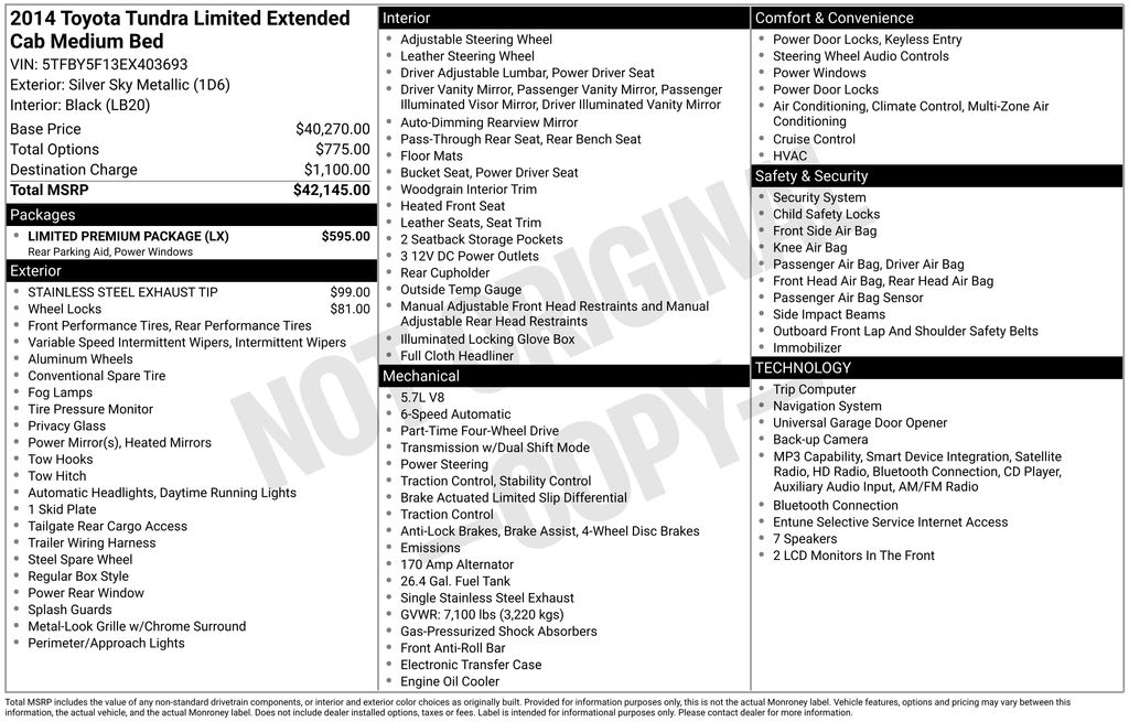 Silver Sky Metallic 2014 Toyota Tundra Pickup Truck Four-Wheel Drive 6-Speed Automatic Overdrive