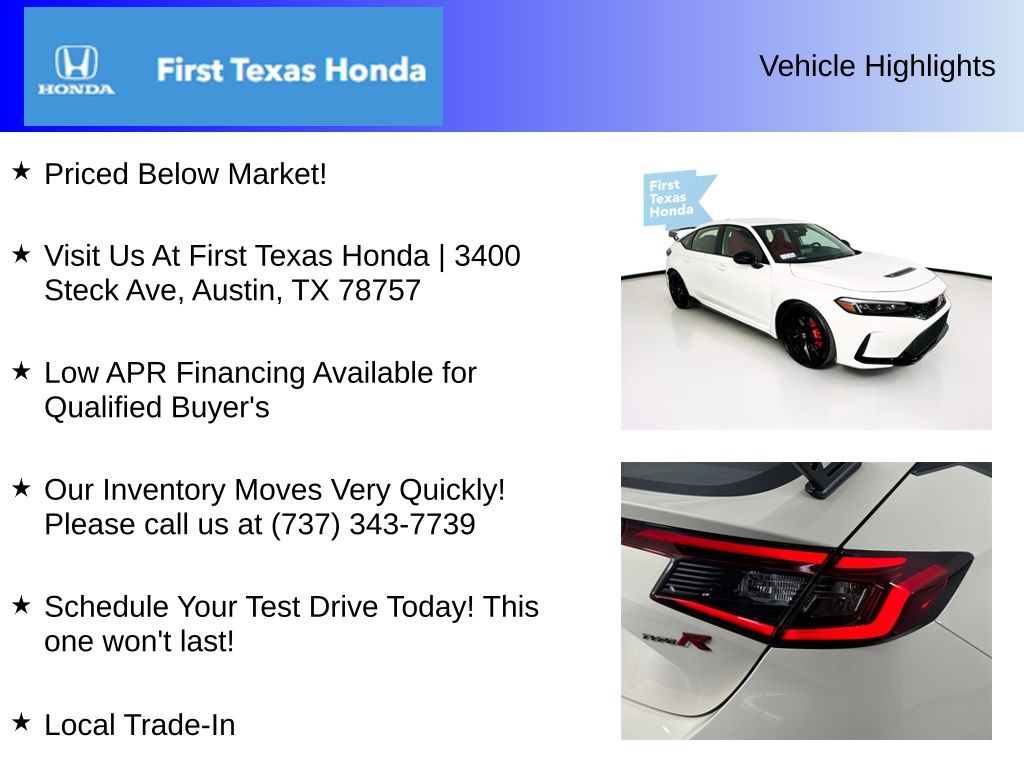 New Car 2025 Honda Civic Type R  Base For Sale Under $50,000 In Austin, Texas