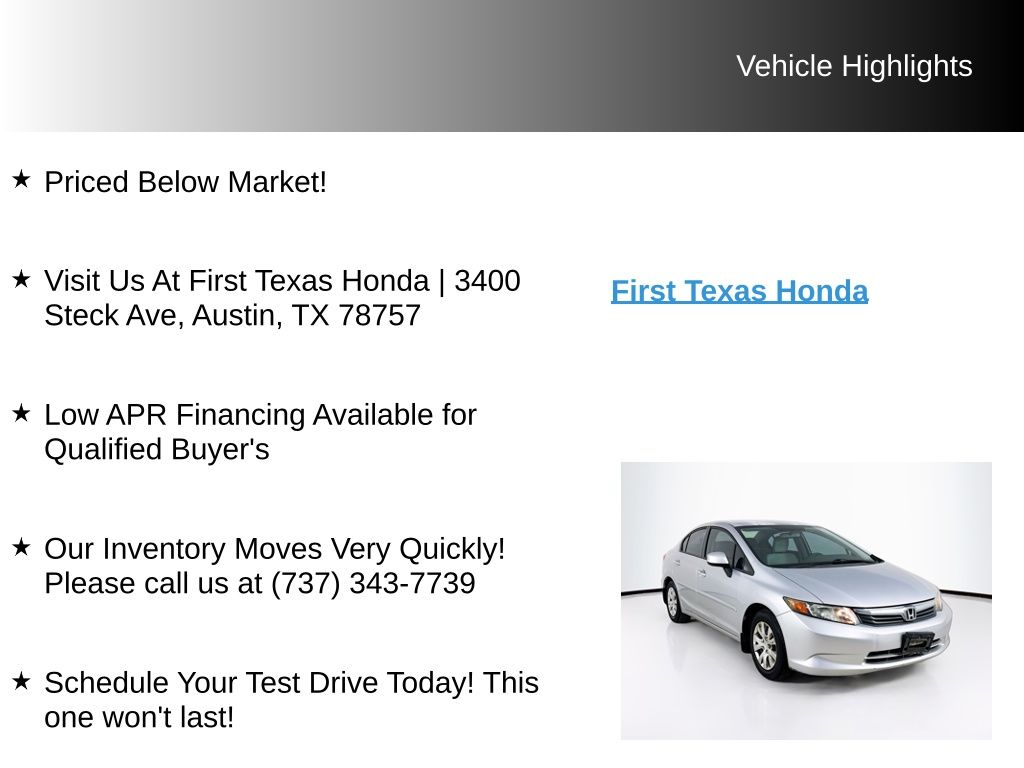 Used Car 2012 Honda Civic  Lx For Sale Under $12,000 In Austin, Texas