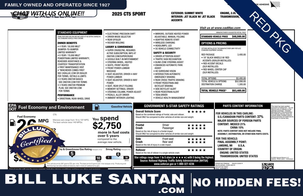 White 2025 Cadillac CT5 Sport RWD Sedan Rear-Wheel Drive Automatic