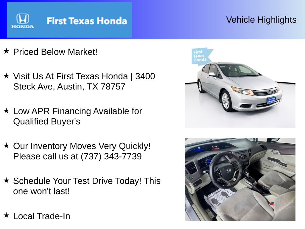Used Car 2012 Honda Civic  Ex For Sale Under $10,000 In Austin, Texas