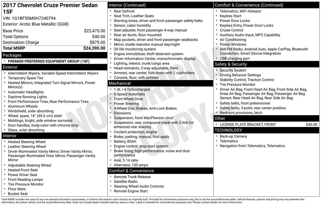 2017 Chevrolet Cruze Premier Auto