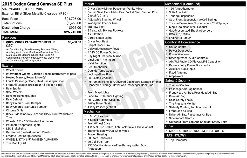 Billet Silver Metallic Clearcoat 2015 Dodge Grand Caravan Minivan Front-Wheel Drive 6-Speed Automatic
