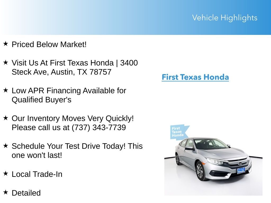 Used Car 2018 Honda Civic  Ex For Sale Under $20,000 In Austin, Texas