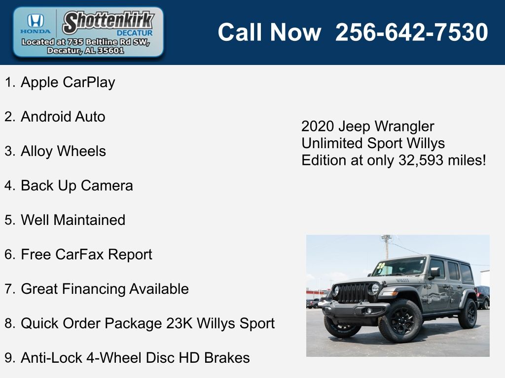 Used 2020 Jeep Wrangler Unlimited Willys Sport with VIN 1C4HJXDG1LW311924 for sale in Decatur, AL