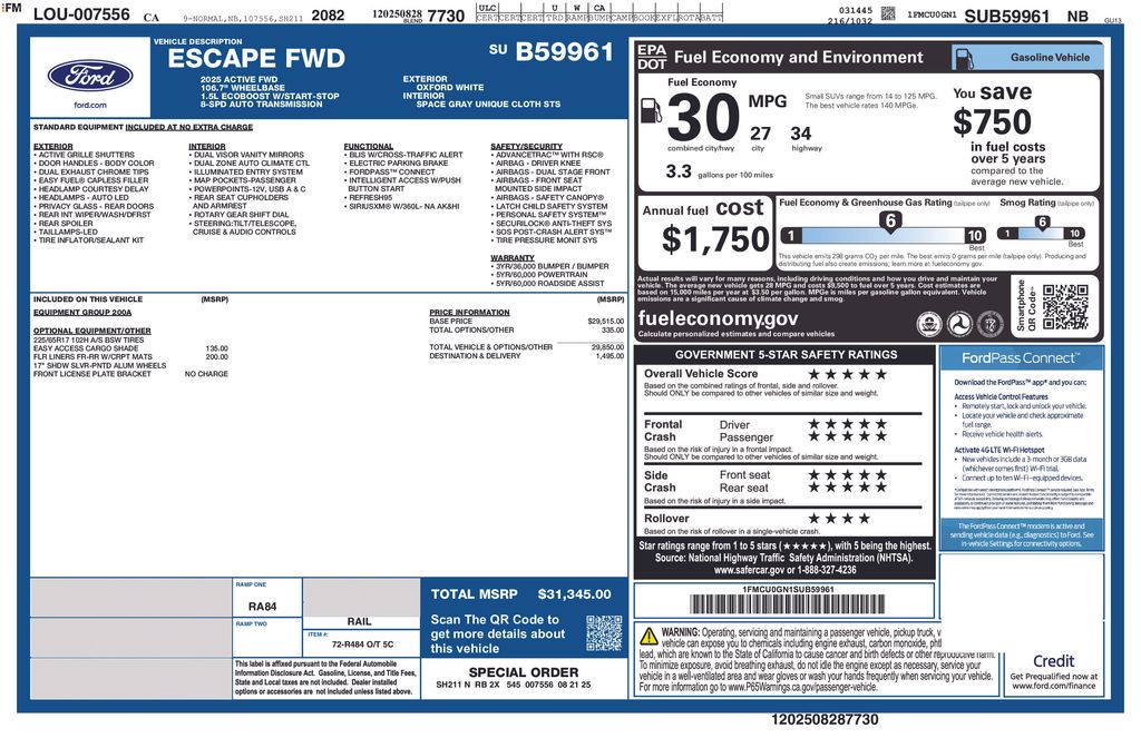 Oxford White 2025 Ford Escape Active FWD SUV / Crossover Front-Wheel Drive 8-Speed Automatic