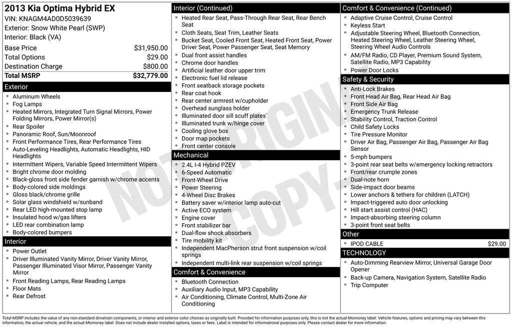 Snow White Pearl 2013 Kia Optima Hybrid EX Sedan Front-Wheel Drive 6-Speed Automatic