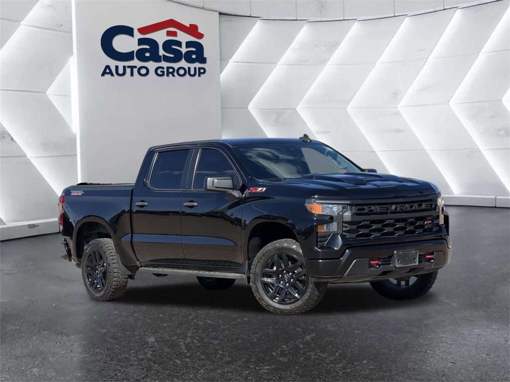 Black 2023 Chevrolet Silverado 1500 Custom Trail Boss Crew Cab 4WD Pickup Truck Four-Wheel Drive 8-Speed Automatic