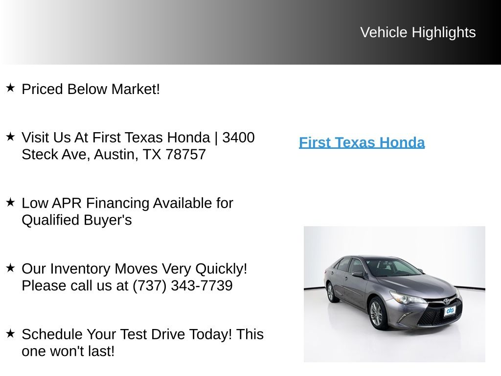 Used Car 2017 Toyota Camry  Se For Sale Under $15,000 In Austin, Texas