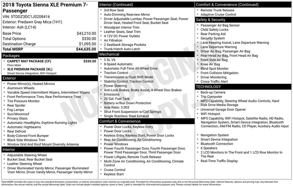 2018 Toyota Sienna XLE Premium 7 Passenger