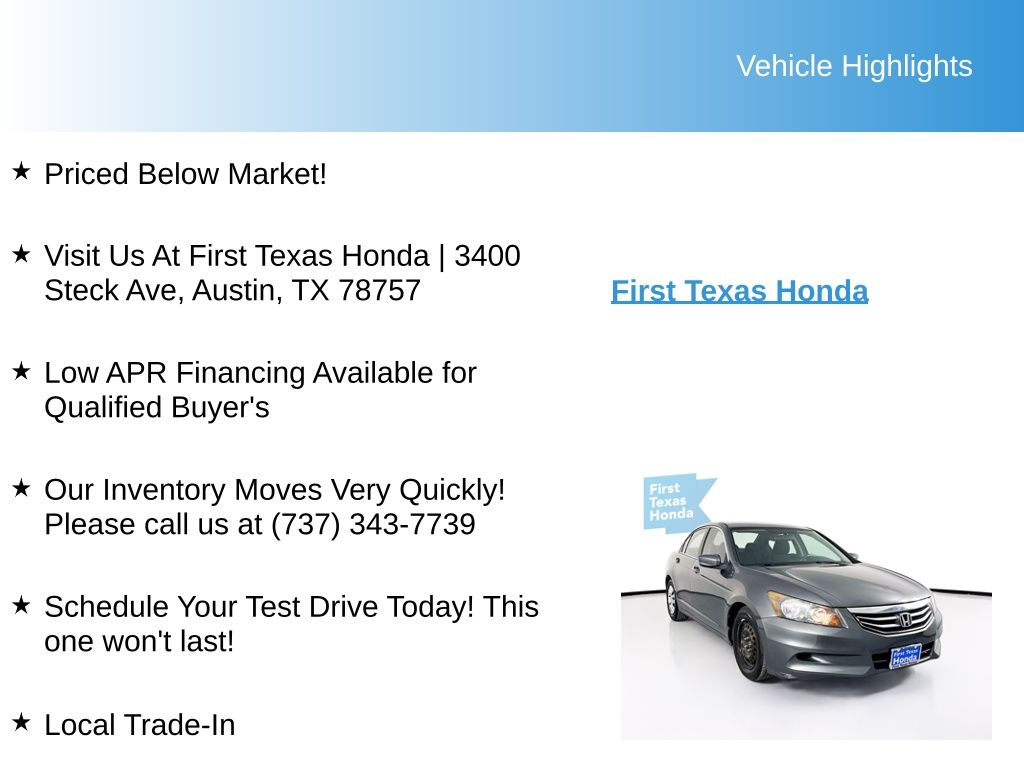 Used Car 2012 Honda Accord  Lx For Sale Under $12,000 In Austin, Texas