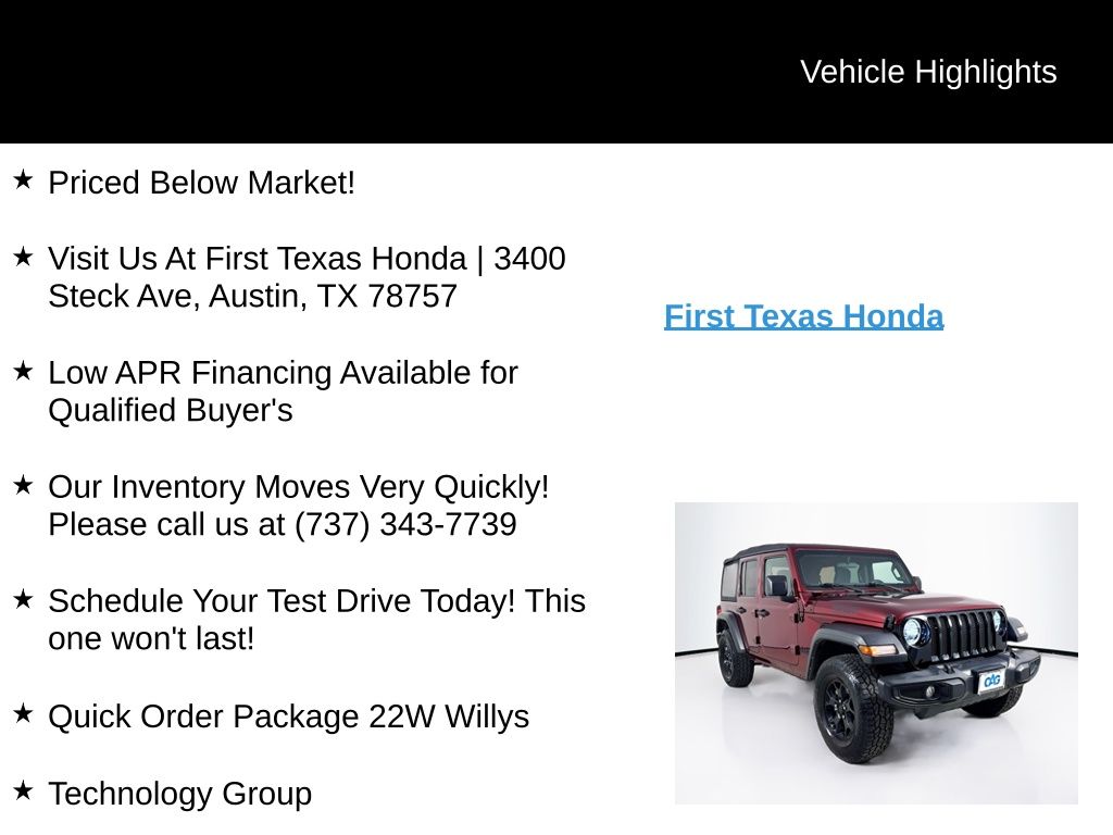 Used Car 2021 Jeep Wrangler  Unlimited Willys For Sale Under $30,000 In Austin, Texas