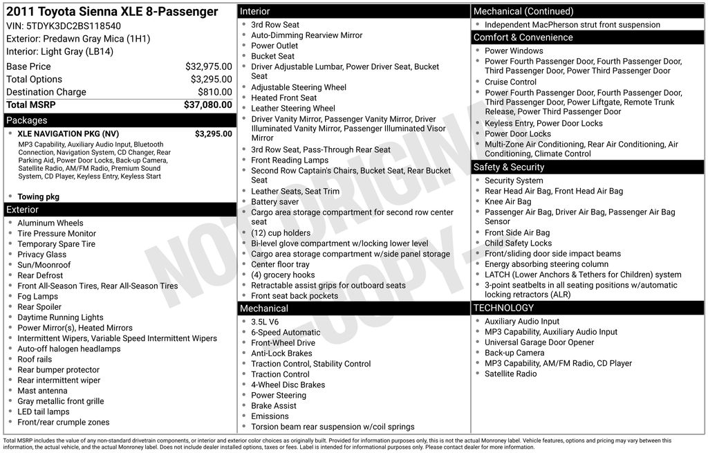 Predawn Gray Mica 2011 Toyota Sienna Minivan Front-Wheel Drive 6-Speed Automatic Overdrive