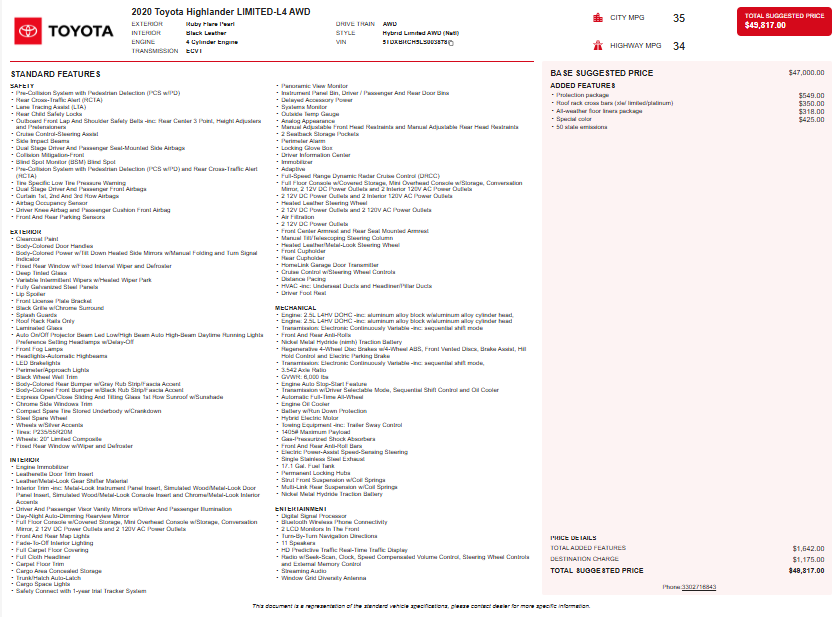 Pearl 2020 Toyota Highlander Hybrid Limited AWD SUV / Crossover All-Wheel Drive Continuously Variable Transmission