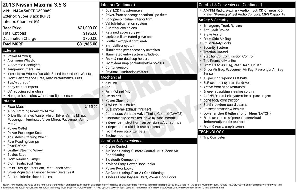 Used Car 2013 Nissan Maxima  3.5 S For Sale Under $10,000 In Austin, Texas