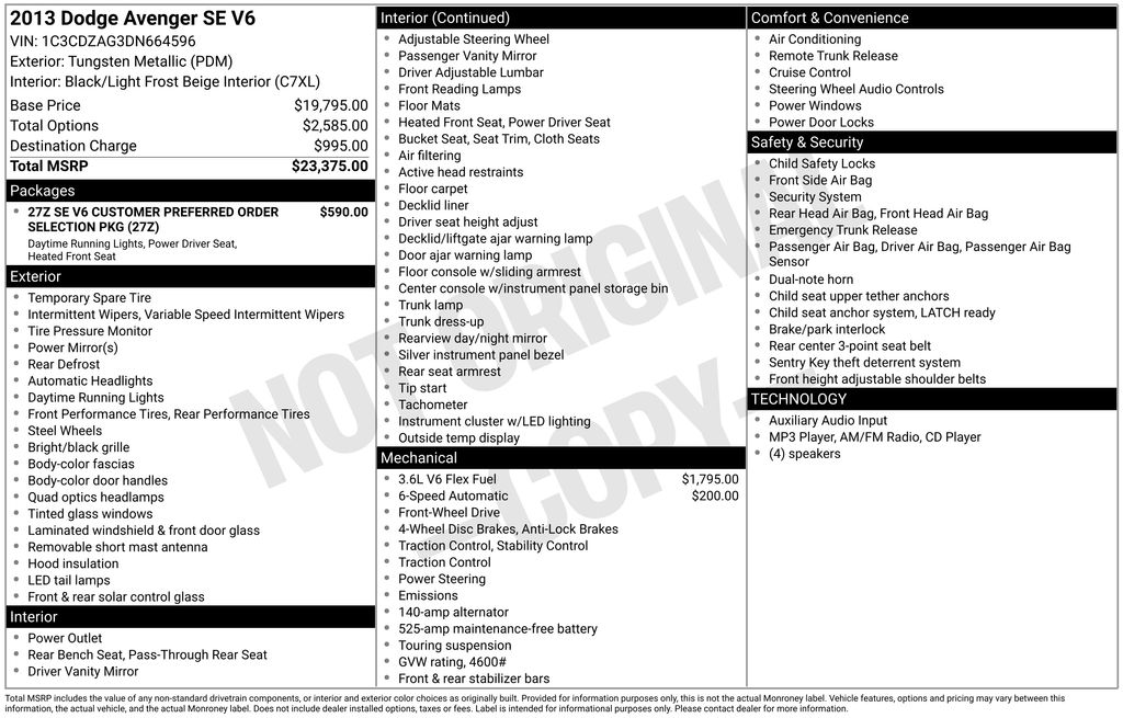 Mineral Gray Metallic Clearcoat 2013 Dodge Avenger Sedan Front-Wheel Drive 6-Speed Automatic