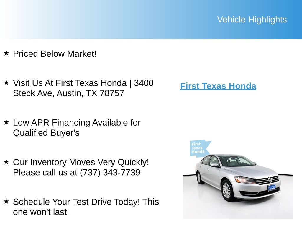 Used Car 2015 Volkswagen Passat  1.8t S For Sale Under $10,000 In Austin, Texas