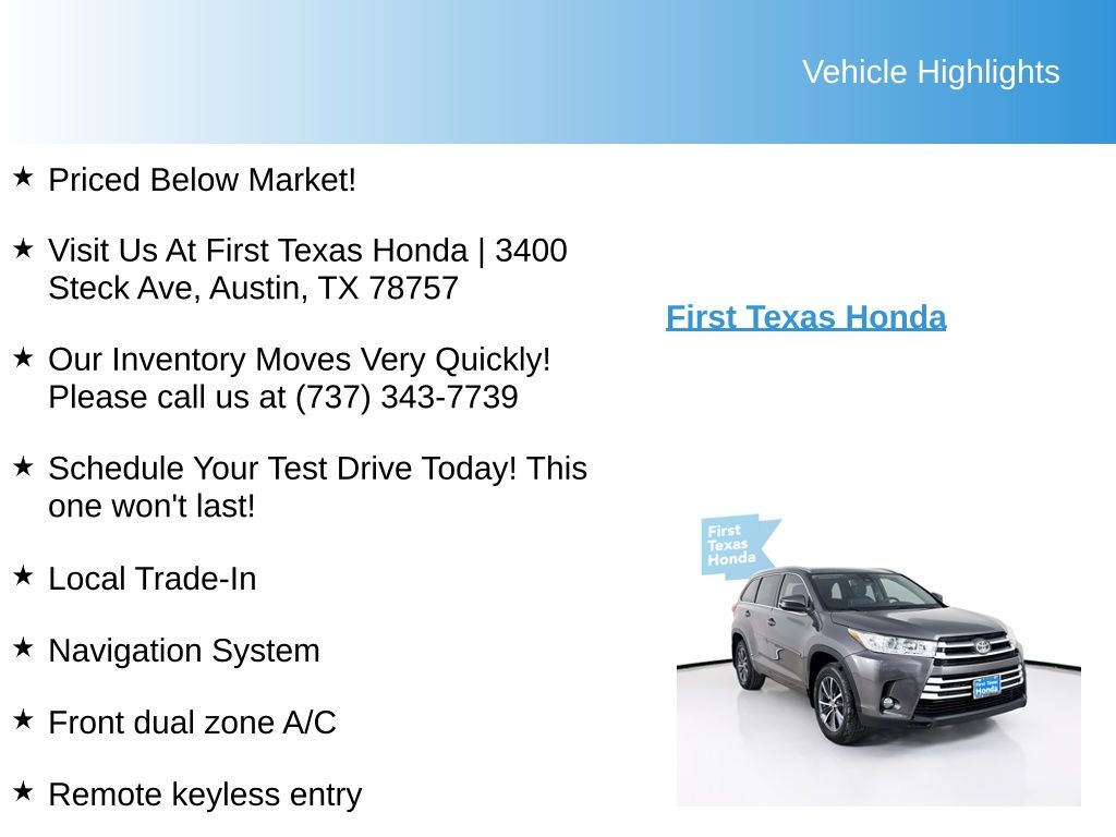 Used Car 2018 Toyota Highlander  For Sale Under $20,000 In Austin, Texas