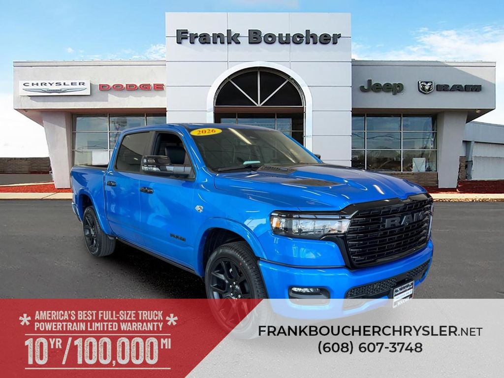 Hydro Blue Pearlcoat 2026 RAM 1500 Laramie Crew Cab 4WD Pickup Truck Four-Wheel Drive 8-Speed Automatic