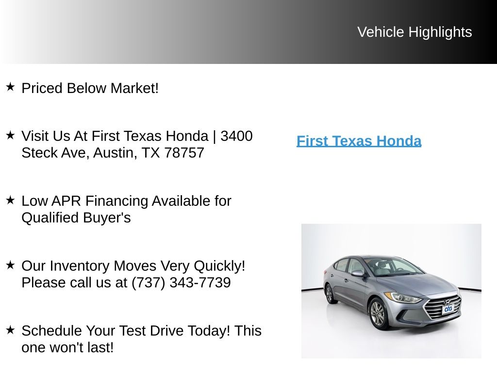 Used Car 2018 Hyundai Elantra  Sel For Sale Under $12,000 In Austin, Texas
