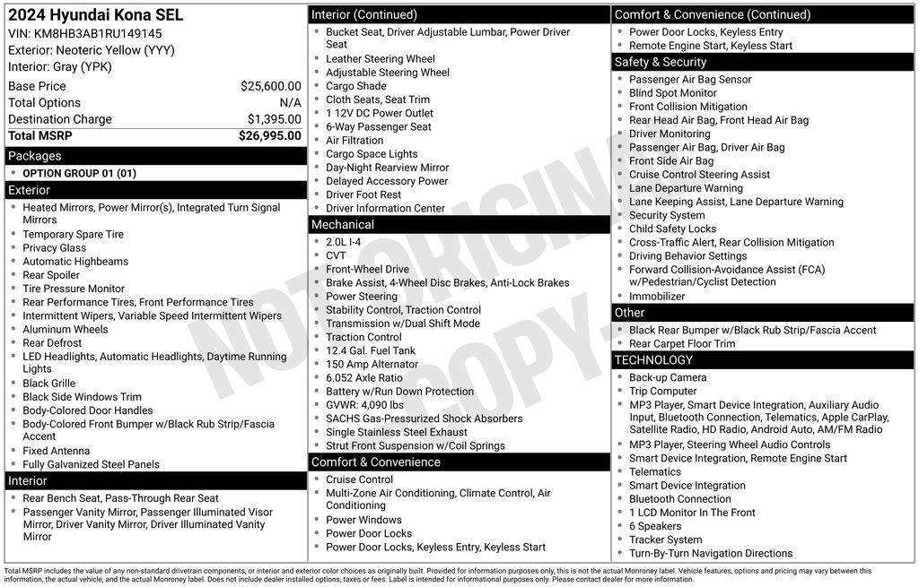 2024 Neoteric Yellow Hyundai Kona SEL FWD SUV