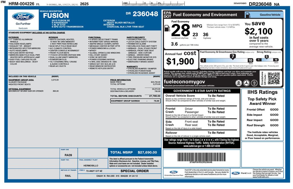Used 2013 Ford Fusion SE with VIN 3FA6P0HR5DR236048 for sale in New Smyrna Beach, FL