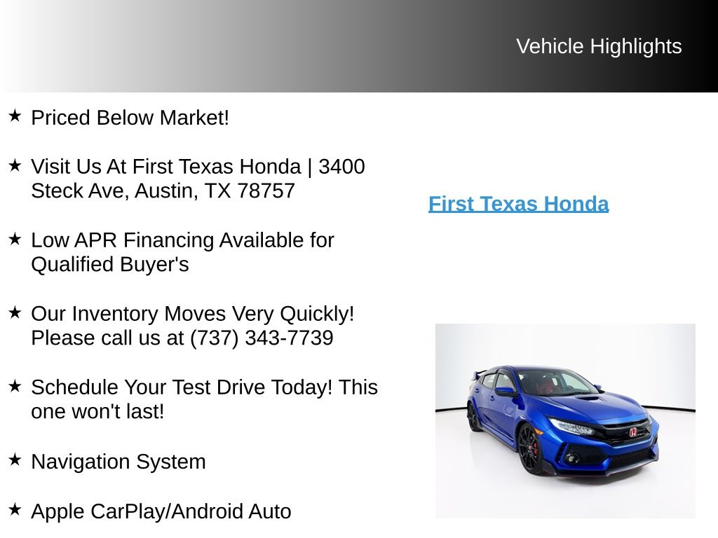 Used Car 2018 Honda Civic Type R  Touring For Sale Under $35,000 In Austin, Texas