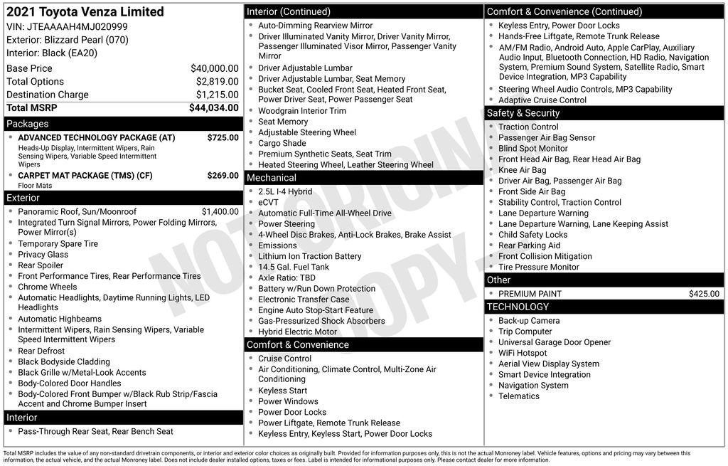 White (Blizzard Pearl) 2021 Toyota Venza SUV / Crossover All-Wheel Drive Continuously Variable Transmission