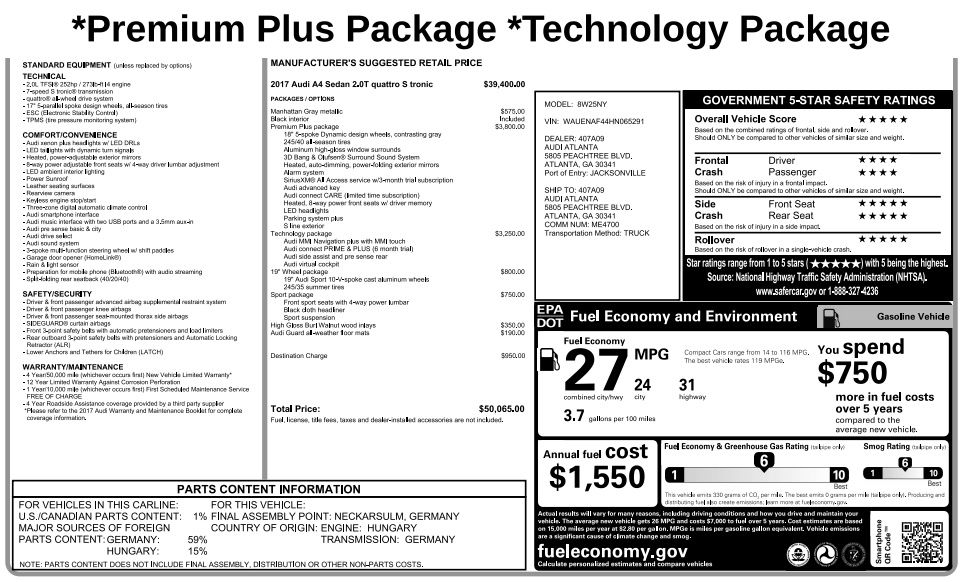 2017 Audi A4 2.0T quattro Premium Plus AWD