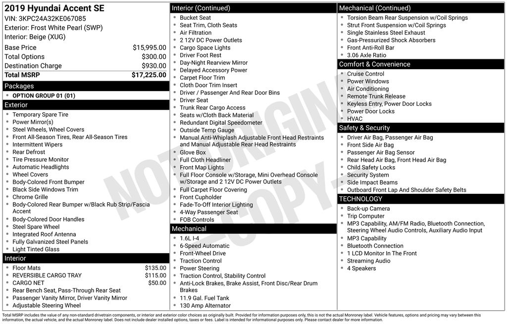 2019 Frost White Pearl Hyundai Accent SE FWD Sedan