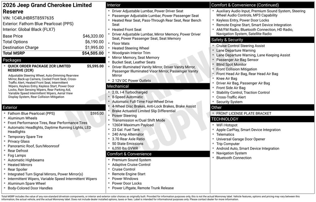 2026 Fathom Blue Pearlcoat Jeep Grand Cherokee Limited Reserve 4X4 SUV