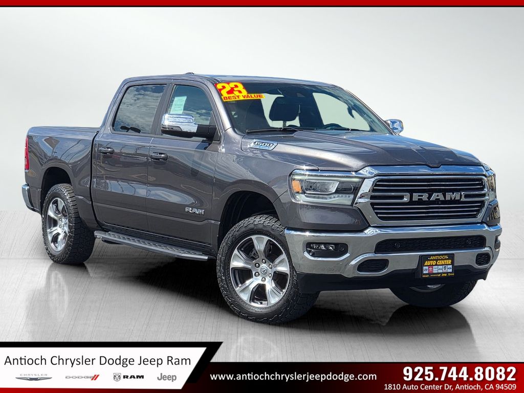 Gray (Granite Crystal Metallic Clearcoat) 2023 RAM 1500 Laramie Crew Cab 4WD Pickup Truck Four-Wheel Drive 8-Speed Automatic