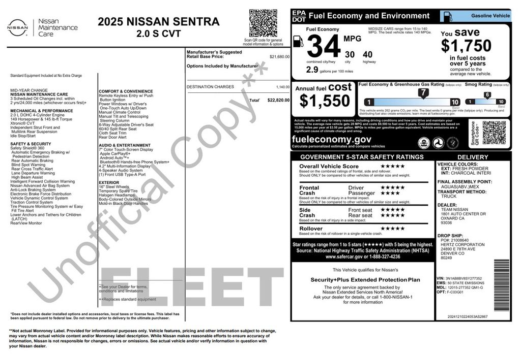 2025 Nissan Sentra S White at Central Houston Nissan